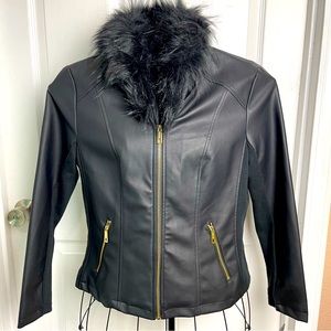 NWT Womens Kenneth Cole Reaction Black Zip Jacket PL Removable Faux Fur Collar